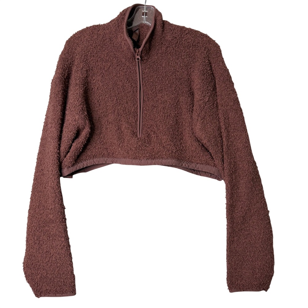Skims Cozy Knit Cropped Sweatshirt Womens S/M Brown Boucle 1/2 Zip Pull Over